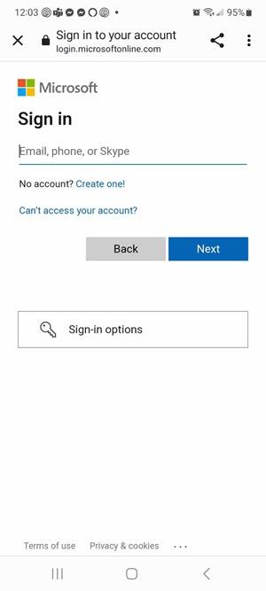 Microsoft log in screen