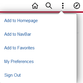Actions button with its options displayed below. Options include Personalize Homepage, Publish Homepage, Refresh, New Window, Sign Out.